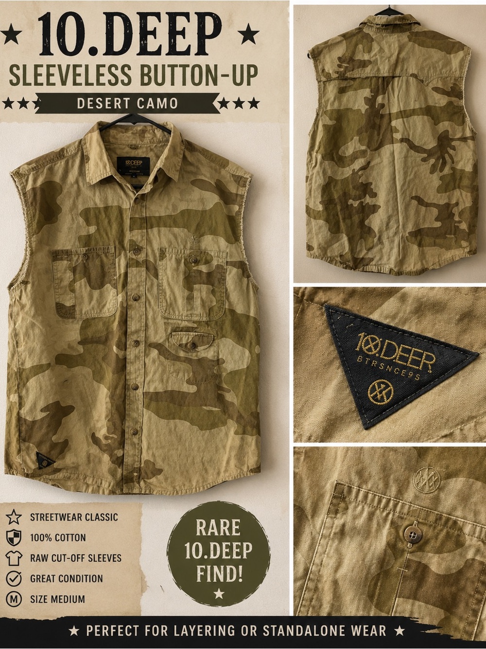 10.DEEP Men’s Desert Camo Sleeveless Button-Up Shirt - Olive/Tan